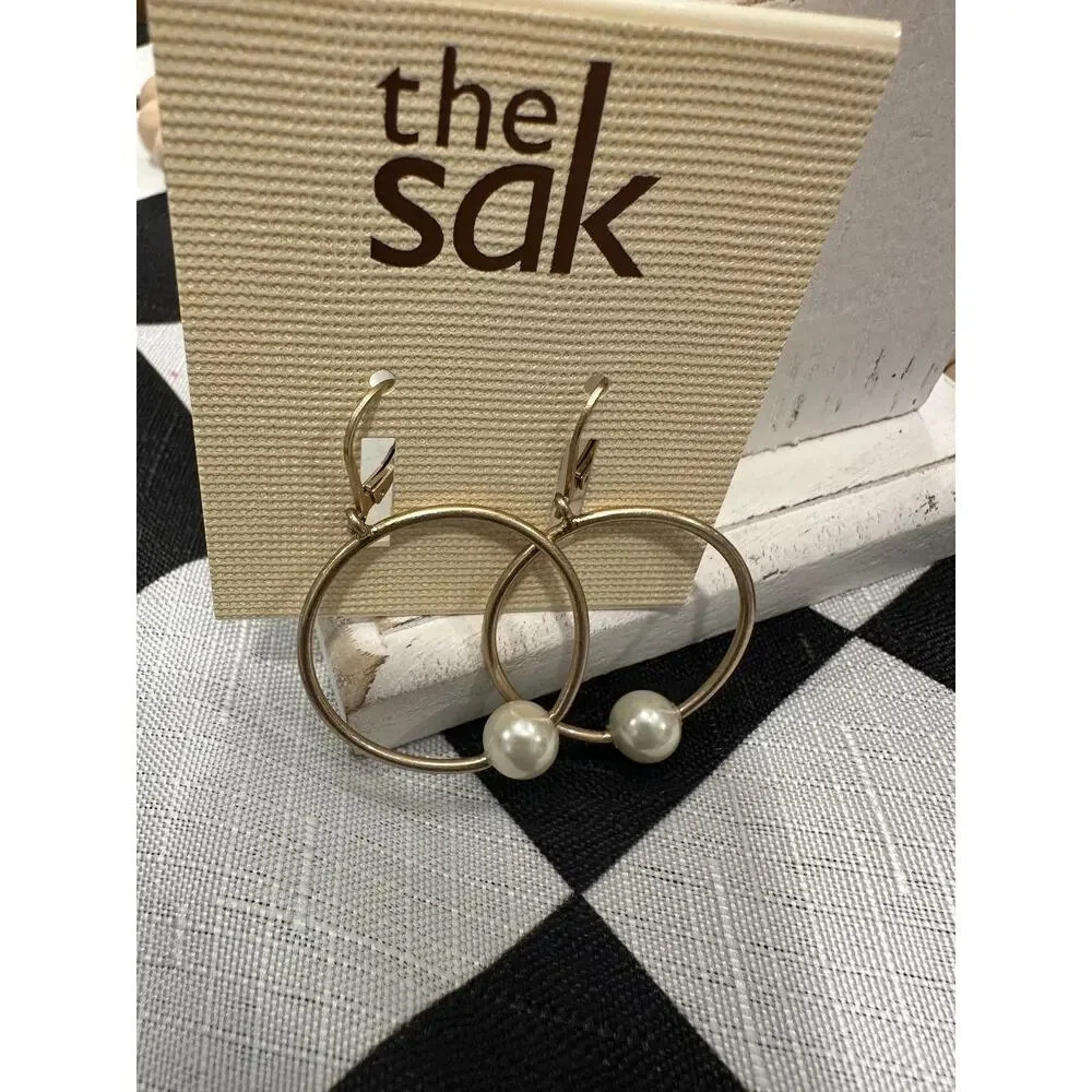 The Sak Gold color pearl dangle earrings nickel safe hoop casual brand new